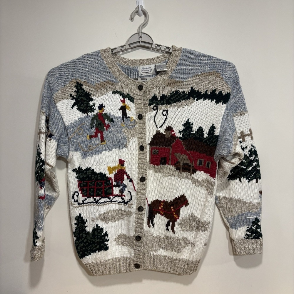 Vintage 90s Northern Treasures XL Ski Cardigan Sweater Snowmobile Cabin Cotton